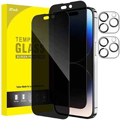 JETech Protector Pantalla Privacidad Cobertura Completo para iPhone 14 Pro Max 6,7 Pulgadas, con Protector Lente Cámara, Cristal Vidrio Templado Antiespia, 2 Paquetes Cada Uno