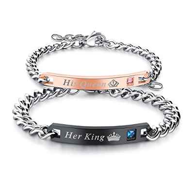 JewelryWe 2pcs Pulseras de Parejas Enamorados His Queen Her King, Circonitas Pulseras Negra Oro Rosa Hombre Mujer Acero Inoxidable, Regalo de San Valentín/Navidad