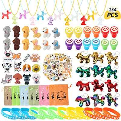 Juego de 134 Piezas Favores de Fiesta de Pata de Perro, Pulsera con Estampado de Pata de Perro, Llavero, Broche, Pegatinas, Gomas de Borrar, Bolsa de Regalo para Cachorros para Niños y Niñas