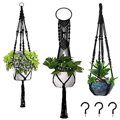 Juego de 3 Perchas para macramé, para Interiores y Exteriores, para Colgar macetas, Colgar macetas, Colgar Plantas Bohemias Hechas a Mano para decoración de Techo, jardín, balcón, 3 Ganchos (Negro)