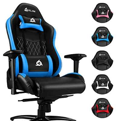 KLIM Esports Silla Gaming Ergonómica - Nuevo 2023 - con Soporte Lumbar y Cervical - Reclinable - Silla de Escritorio Ajustable - Piel Sintética y Materiales Premium - Silla Gamer - Azul