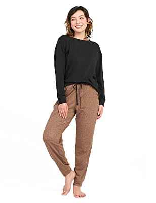 LAPASA - Conjunto de Pijama de Punto para Mujer Ropa de Descanso de Ajuste Relajado Parte Superior e Inferior L110 L Top Negro ; Pantalones de Leopardo Marrón