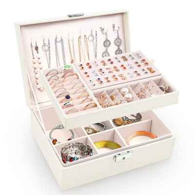 Larkumio Joyeros Mujer Organizador Grande, Caja Joyero Niña Organizador Joyas 2 C1apas Cuero PU Jewelry Box Organizer para Collares Anillos Pendientes Pulseras, Blanco