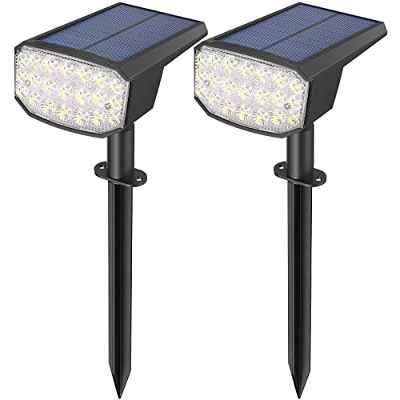 Luces Solares LED Exterior Jardin 21 LED, Foco Solar con Sensor de Luz Impermeable IP67, Blanca Fría 6500K 650lm, Lámparas Solares para Iluminación de Caminos Patio Terreza Césped y Camping(2 Piezas)