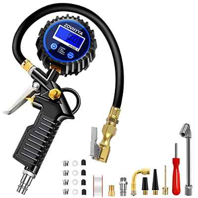 Medidor de Neumático Digital 220PSI Medidor de Presión de Neumáticos Pistola de Inflado Digital con Pantalla LCD Digital 4 Unidades de Medida y Múltiples Accesorios Adecuados para Moto Bcicleta Coche