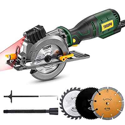 Mini Sierra Circular, TECCPO 705W, con Guía Láser, Motor de Cobre Fino, Profundidad Máxima de corte 43mm (90 °), 28mm (45 °), 3 Hojas para Madera, Suave Metal, Corte de Baldosas-TPMS115A