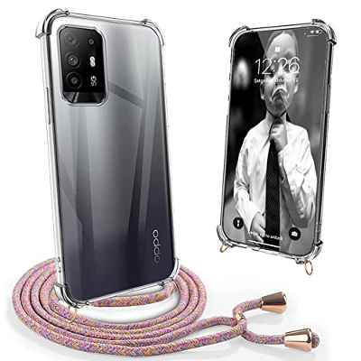 Mkej Case Funda Colgante movil con Cuerda Compatible con OPPO A94 5G Carcasa, Estuche Transparente Silicona Phone Protección Cover, Mobile ​Protector con Correa de Cuello - Colores del Arcoiris