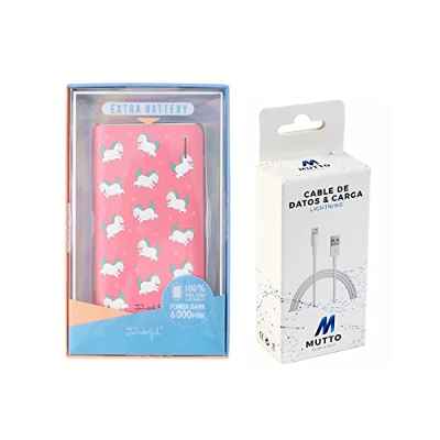 Mr Wonderful Pack Power Bank, Slimmest USB 6.000mAh Bateria Externa Unicornios + Cable Datos USB-Lightning