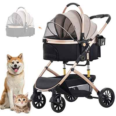 Nastarki Cochecito Plegable Mascotas 2 en 1 Carrito para Perros Gatos Carro Perro Plegable 20 Kg Cochecito Perro Mediano con Cesta de Almacenamiento y Portavasos (Champán)
