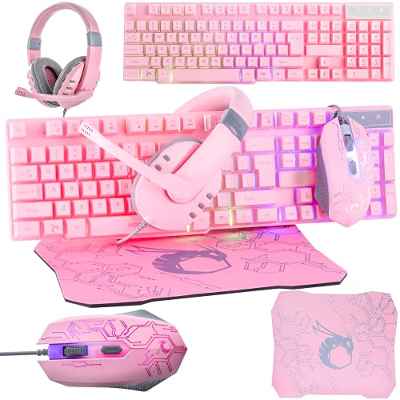 Orzly Teclado y Raton Gaming - Combo Ratón y Teclado USB [RGB LED Retroiluminación], Cascos Gamer, Alfombrilla de Ratón - para Usuarios PC, Xbox y PS4 [Hornet RX250 Rosa]