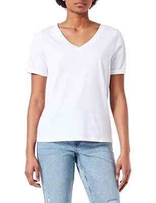 PIECES Pcria SS-Camiseta de Manga Corta con Cuello de Pico, Blanco Brillante, L para Mujer