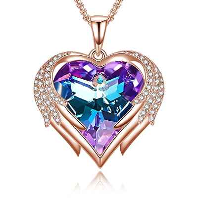 Praelinos Alas de Ángel Collares Mujer Corazón Chapado en Oro Blanco Cristal 5A Zirconia Cúbica Joyas Mujer Regalo Cumpleaños Aniversario San Valentín para Esposa Mama Novia (Morado)