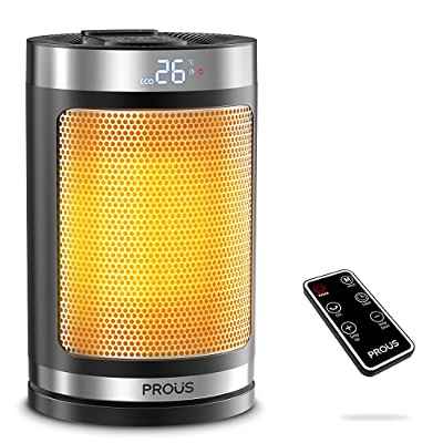 PROUS Calefactor Bajo Consumo, 1500W Radiador Electrico Silence con Termostato, Control Remoto, 4 Modos, Protección Múltiple, Temporizador 12H, 70 ° Oscilación, Calefactor Cerámico para Casa Oficinas