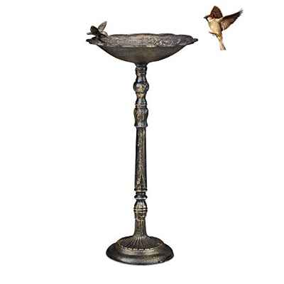 Relaxdays Bebedero Pájaros Hierro Fundido, Fuente Aves con Pilar, Bañera Gorriones Jardín, 75,4 cm de Alto, Bronce