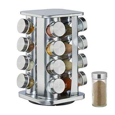 Relaxdays Especiero con 16 botes para especias, 4 estantes, 360º, Tapas con dosificadores, Acero inoxidable, Plateado
