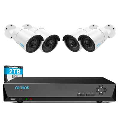 Reolink 8CH 4MP PoE Kit de Sistema de Cámara de Vigilancia, con 4X PoE 4MP Cámara IP Impermeable y 8CH 2TB HDD NVR para 24/7 Grabación, Visión Nocturna Audio Acceso Remoto, RLK8-410B4