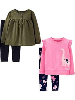 Simple Joys by Carter's Conjunto de 4 Piezas para Jugar con Camisas de Manga Larga y Pantalón Niña, Verde Oliva/Rosa, Dinosaurio, 5 años