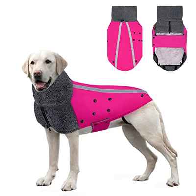 SlowTon Abrigo para Perro Invierno, Cálido Forro Polar para Exteriores con Bufanda De Cuello Alto, Rayas Reflectantes, Chaleco Resistente Al Viento, Juegos Suaves para Mascotas