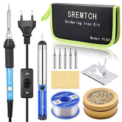 Soldadores de Estaño SREMTCH Kit del Soldador con Temperatura Ajustable 200 ~ 450 ℃, Soldador electrico, 5pcs Puntas Diferentes, Limpiador para Puntas para el Uso Diversamente Reparado