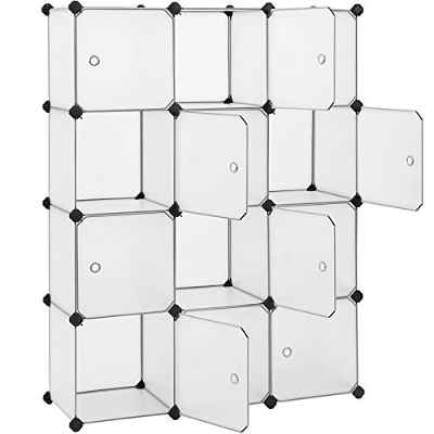 SONGMICS Armario Modular de Almacenamiento con 12 Cubos, Armario Plástico con Puerta, Armario, Zapatero, para Ropa Zapatos Libros, Fácil de Montar, 93 x 31 x 123 cm, Blanco LPC342W01