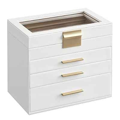 SONGMICS Caja de Joyas, Caja Joyero con 4 Niveles, Estuche para Joyería con Tapa de Cristal, 3 Cajones, para Gafas de Sol, Joyas Grandes, Moderno, Blanco Nube JBC161W01