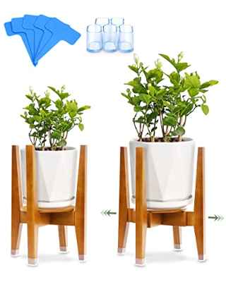 Soporte para Plantas, Soporte de Plantas Expandible, 5 Alfombrilla Antideslizante , 5 Etiqueta, Soporte Maceta de Madera de 8-12 Pulgada, para Jardín Interior y Exterior(Maceta y Planta Excluida)