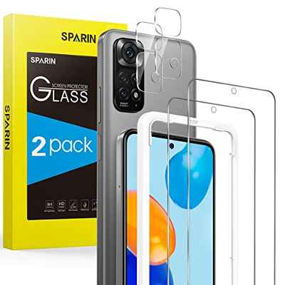 SPARIN Protector de Pantalla para Xiaomi Redmi Note 11 /11S 4G 6,43 Pulgadas(NO para 5G), 2 Cristal Templado con 2 Protector de Lente de Cámara, Fácil de Instalar con Marco de Alineación