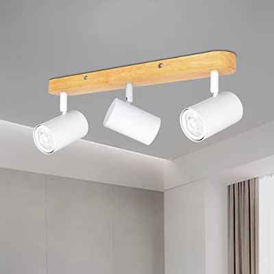 TaFiCo Lámpara de Techo GU10 Orientable - Madera Plafón con 3 Focos Ajustables Luz de Techo Retro Apliques Focos de Techo pared LED Interior para Salón, Cocina y Dormitorio Blanca Mate (Sin Bombillas)