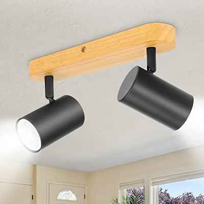 TaFiCo Lámpara de Techo GU10 Orientable - Plafón con 2 Focos Negro Madera Ajustables y Giratorio Luz Focos de Techo pared Moderno Focos LED Aplique Retro Cocina, Dormitorio y Salón (Sin Bombilla)