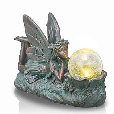 TERESA'S Collections Adorno de Jardín de Hadas con Luces Solares, Estatua de ángel de Bronce Grande para Exteriores, Impermeable de Vidrio Agrietado para Decoración de Patio y Césped, 32,5 cm