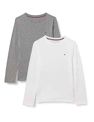 Tommy Hilfiger Cuello Redondo Camiseta de Manga Larga, White/Medium Grey Htr, 12-14 Años para Niños