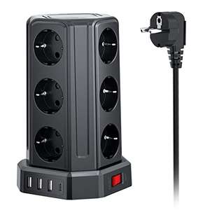 Torre Regletas Enchufes con Cable 5M, Regleta USB 12 Tomas de AC Corrientes y 4 USB, 4000W/16A, Regreltas Vertical