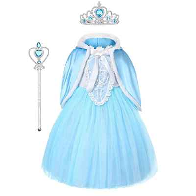 URAQT Disfraces Princesas Elsa, Disfraz de Princesa Niña con Accesorios de Tiara Elsa, Traje Princesas Niñas con Capa, Disfraz de Halloween para Niña de Cosplay, Cumpleaños, Carnaval, 110cm