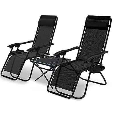 VOUNOT Set de 2 Tumbona Jardín Exterior Plegable con Mesa Auxiliar Portavasos, Silla Reclinable con Reposacabeza Extraíble, Carga Máxima 120KG, Negro