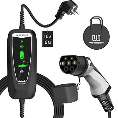WISSENERGY Tipo 2 EV Cable de Carga portátil EU Standard Schuko Cargador de 2 Pines, 10A/13A/16A Caja de Carga conmutable Compatible con Todos los Autos eléctricos Enchufe IEC 62196-2, 3.6KW, 20 pies