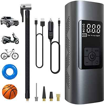 Wistrue 6000mAh Mini Compresor Aire Portatil, 150PSI Bomba de Aire Bicicleta Electrica con Pantalla LCD Digital y Linterna LED, Inflador Ruedas Coche para Scooters, Moto, Bicicletas, Pelotas