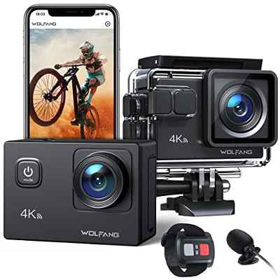 WOLFANG Cámara Deportiva GA100 4K 30FPS 20MP Cámara Subacuática Impermeable 40M, Videocámara WiFi con Micrófono Dual, 170° Gran Angular, 2.4G Remoto, EIS Antivibración, Varios Accesorios
