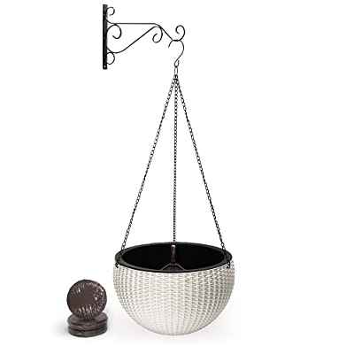 YEHIKO Set Maceta Colgante Autorriego 26cm - Maceta Exterior - Tiesto Plantas Interior - Decoración Jardin Hogar Balcon Terraza -Soporte y Cadena - Macetero Colgante Pared - Tierra de Coco (Blanca)