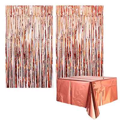Yisscen Cortinas Fringe, Cortina de aluminio, Cortina de borla metálica, Cortinas de oropel metálico 2 pieza + Mantel de aluminio 1 pieza, para cumpleaños bodas Navidad fiesta de graduación (Oro rosa)